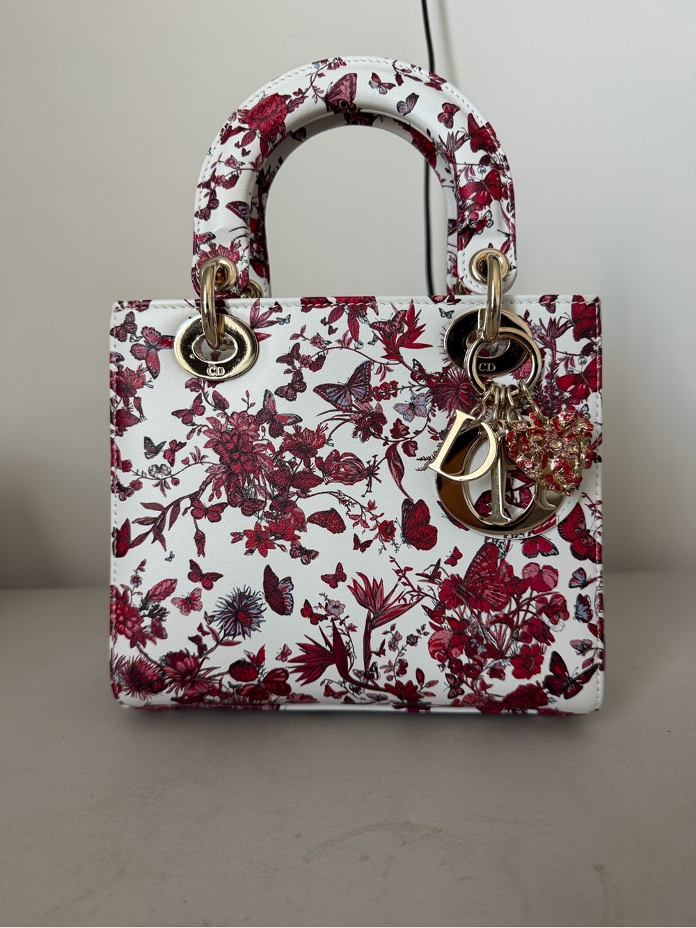 Dior White & Red Floral Lady Dior Mini Bag